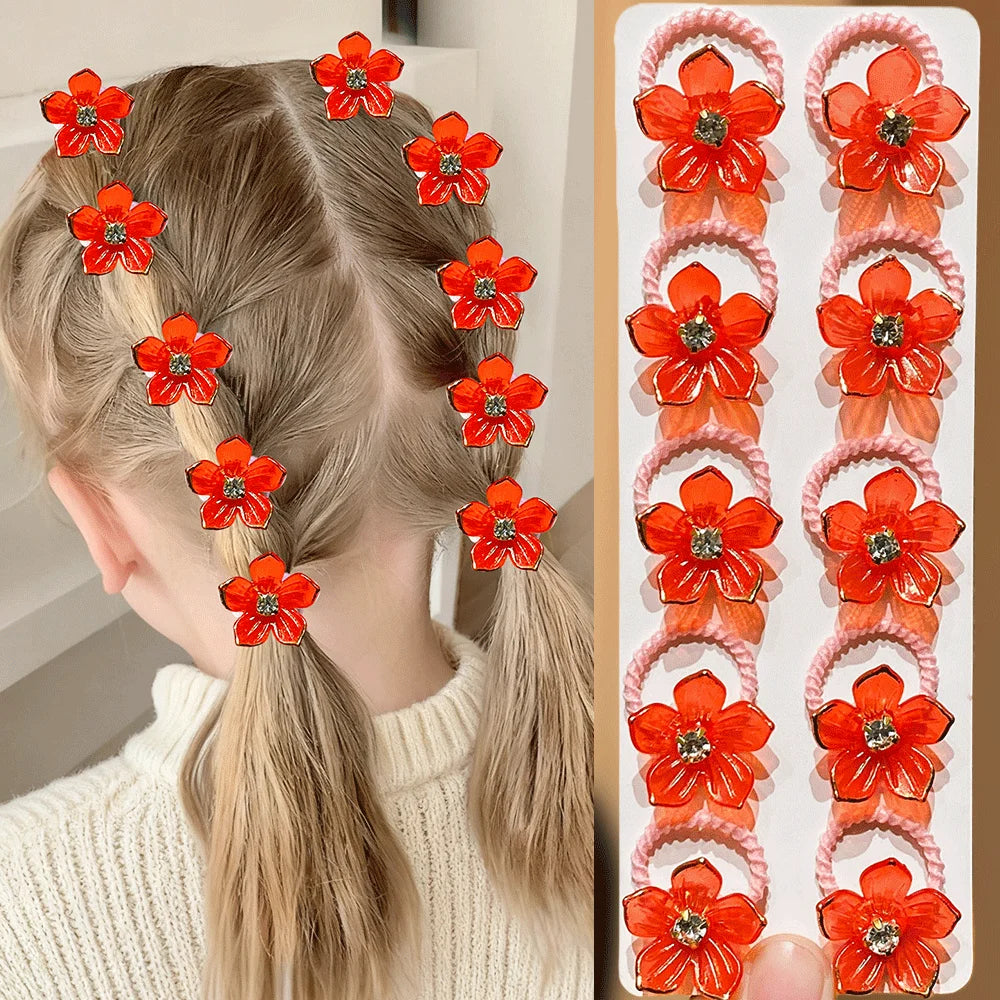 10pcs Girls Rhinestone Flower Elastic Hair Ties | Hair Bands Elastic Hair Ties Nixie Red