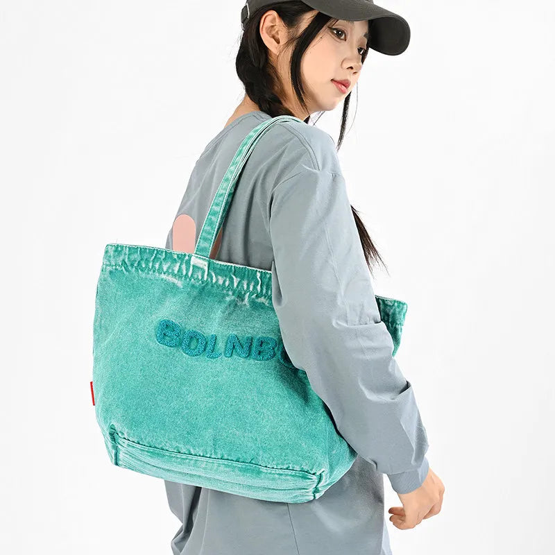 Korean Retro Embroidered Washed Denim Shoulder Bag | Large Tote