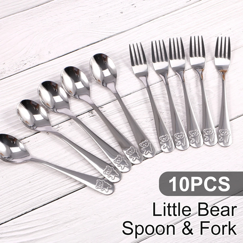 10-Piece Kids Stainless Steel Spoon & Fork Set – Cartoon Bear Kids Flatware Set Nixie