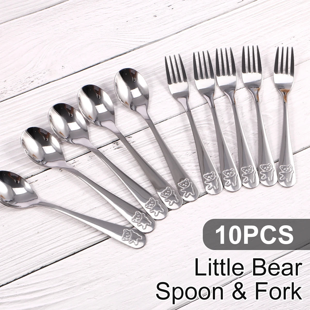 10-Piece Kids Stainless Steel Spoon & Fork Set – Cartoon Bear Kids Flatware Set Nixie