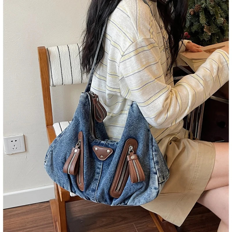 Y2K Denim Shoulder Bag Large Tote Commuter Handbag | Nixie Shoulder Tote Handbag Nixie