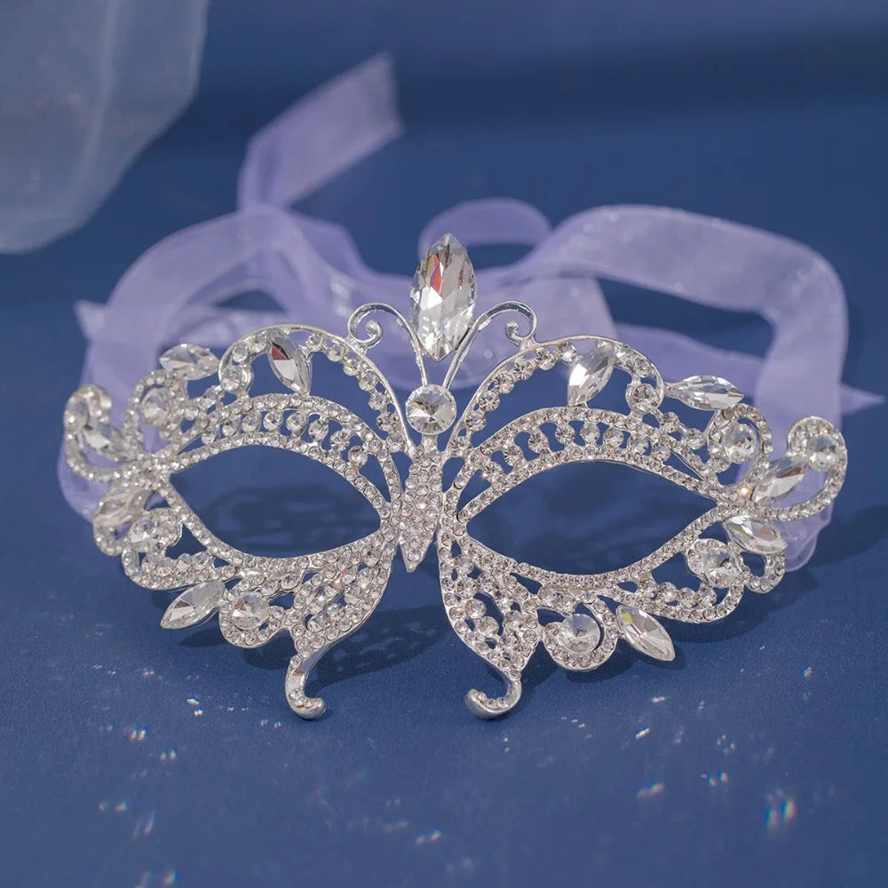 Rhinestone Masquerade Face Mask – Cosplay & Bridal Veil Masquerade Mask Nixie Silver 3