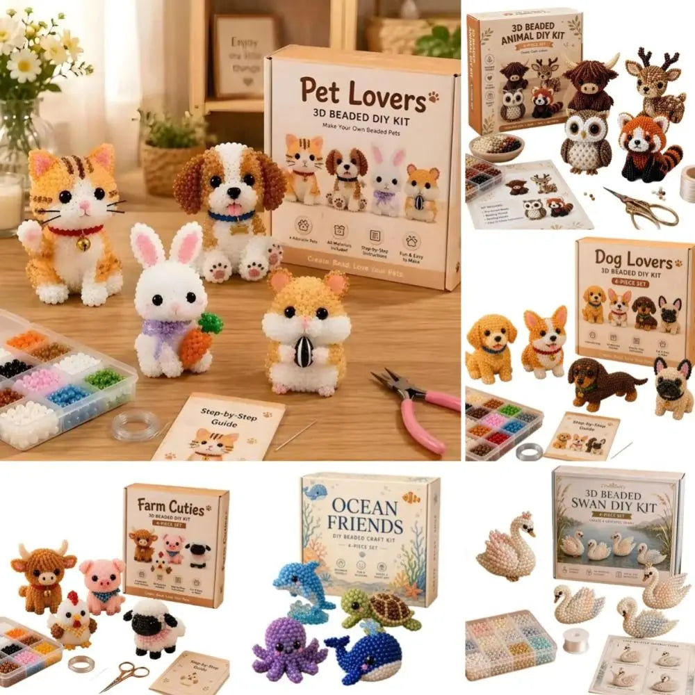 4pcs 3D Animal Bead Kit – DIY Farm & Sea Creatures Craft DIY Bead Craft Kit Nixie