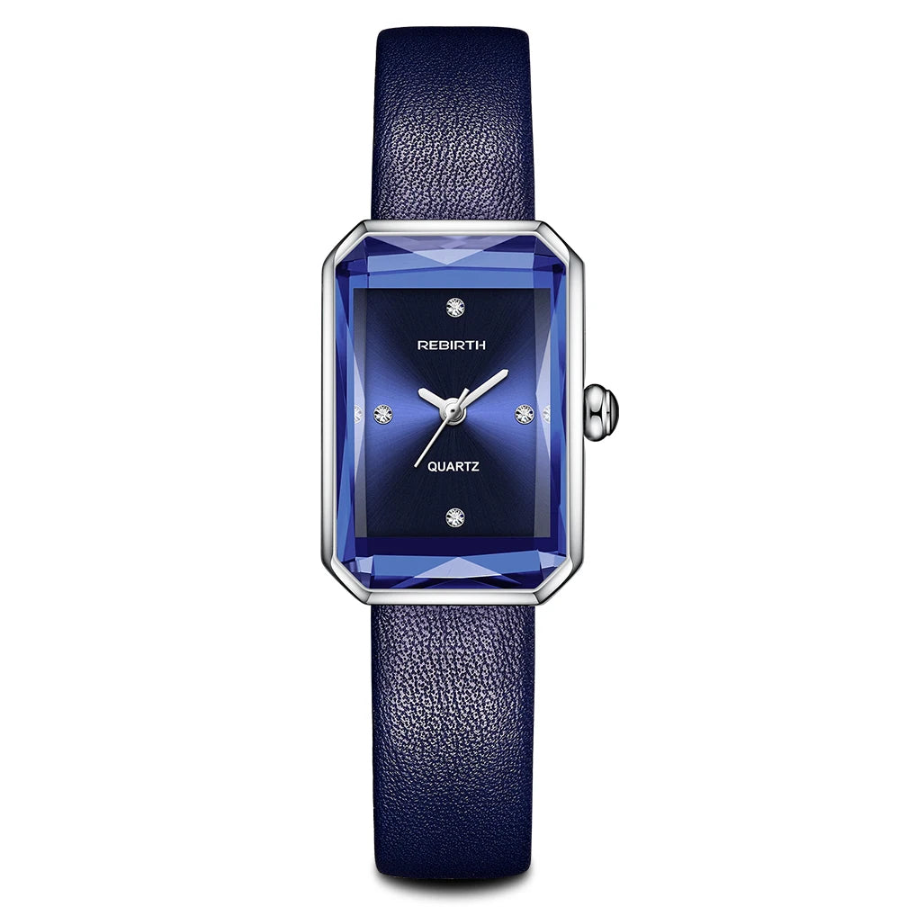 REBIRTH Retro Elegant Leather Quartz Watch | Rectangle Dial Quartz Wristwatch Nixie Blue
