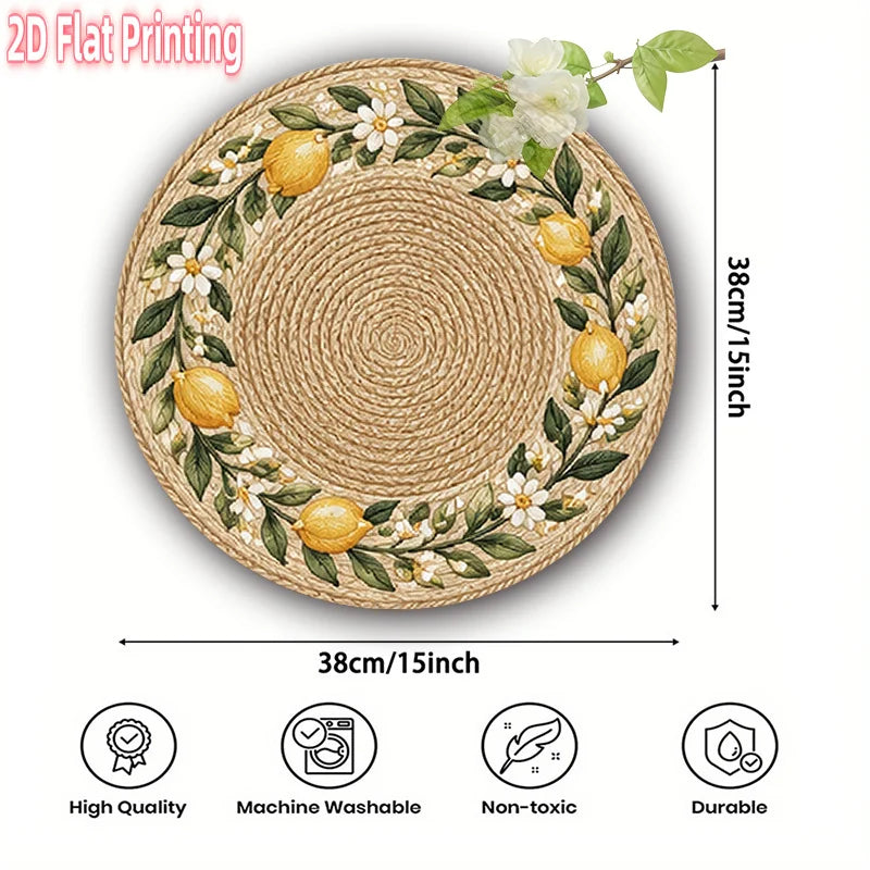 4-Piece Round Placemats Lemon Flower Rattan 15-Inch Polyester Decorative Placemats Nixie