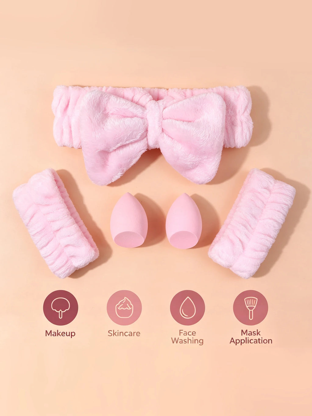 5-Piece Beauty Kit – Bow Headband, Wrist Bands & Sponges Makeup Tool Set Nixie