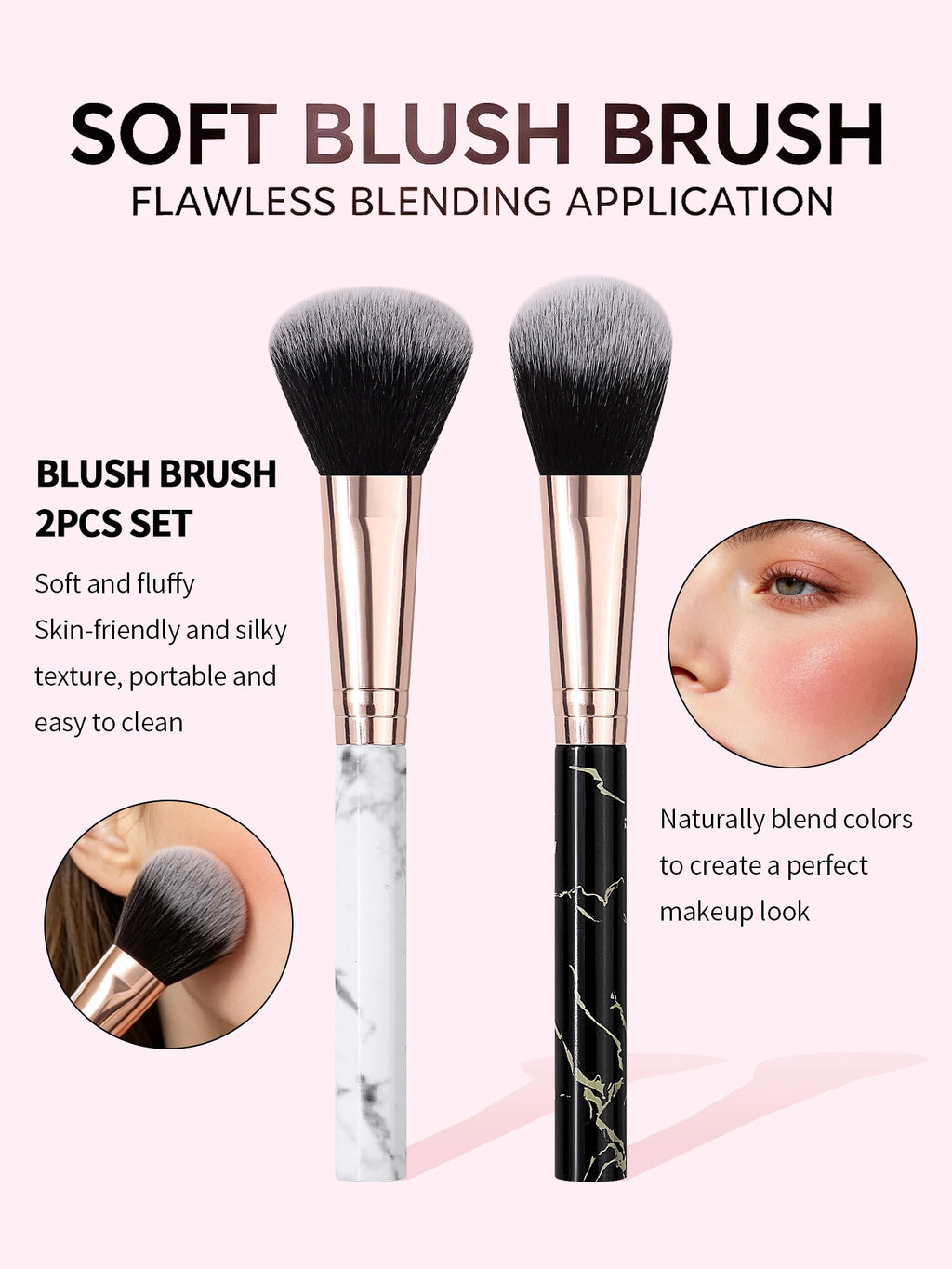 2Pcs Marble Handle Blush Brushes – Soft Fluffy Face Makeup Makeup Brush Set Nixie
