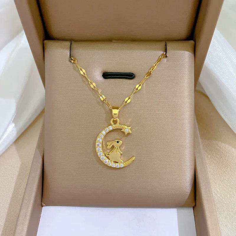 Moon Rabbit Pendant Choker Necklace | Gold Stainless Steel Pendant Choker Necklace Nixie