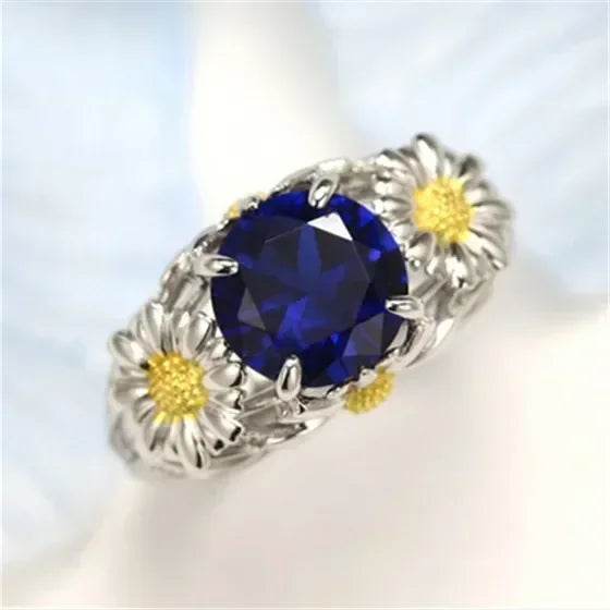 Silver-Plated Daisy Ring – Blue Zircon & Orange, Sizes 6–10 Fashion Ring Nixie