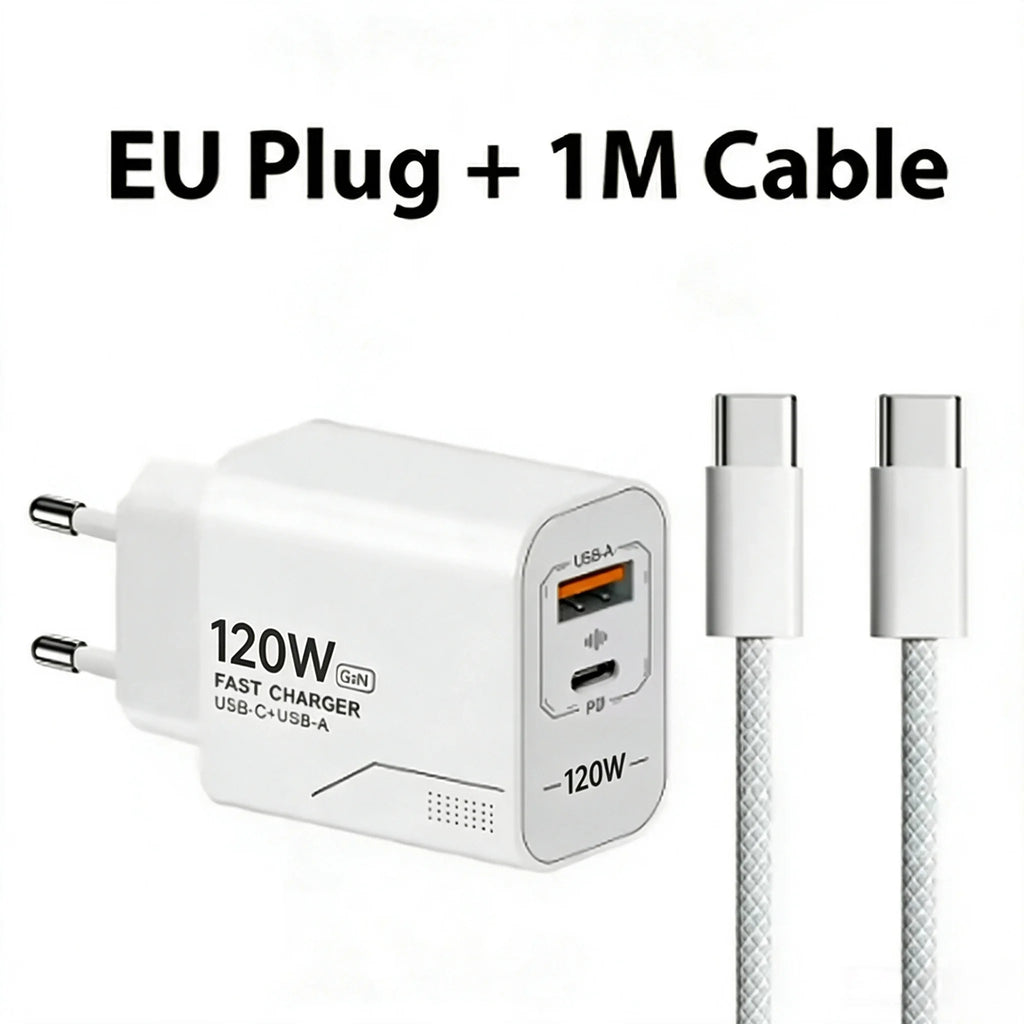 120W GaN 2-Port USB-C PD Fast Wall Charger – US/EU Plug USB-C Wall Charger Nixie EU Charger and Cable