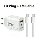 120W GaN 2-Port USB-C PD Fast Wall Charger – US/EU Plug USB-C Wall Charger Nixie EU Charger and Cable