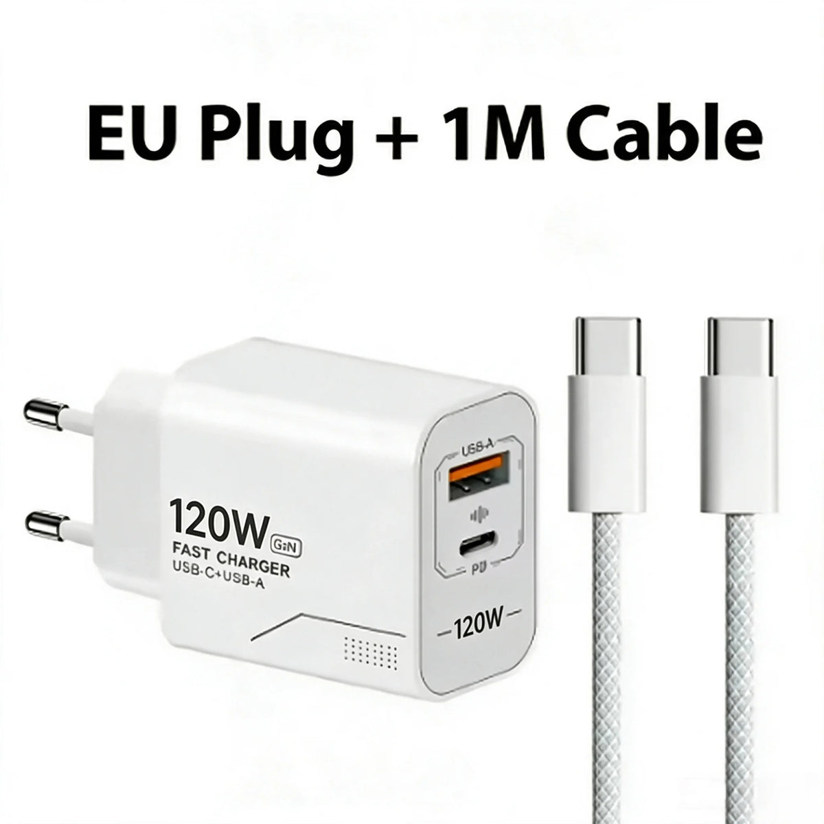 120W GaN 2-Port USB-C PD Fast Wall Charger – US/EU Plug USB-C Wall Charger Nixie EU Charger and Cable