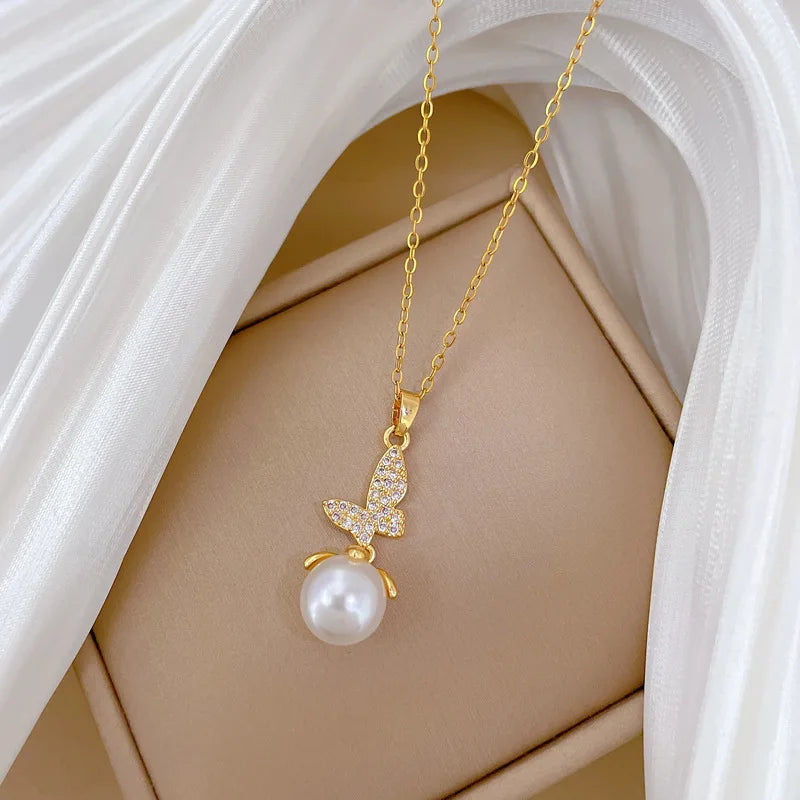 Pearl Butterfly Pendant Choker – Women's Gold Stainless Steel Pendant Necklace Nixie