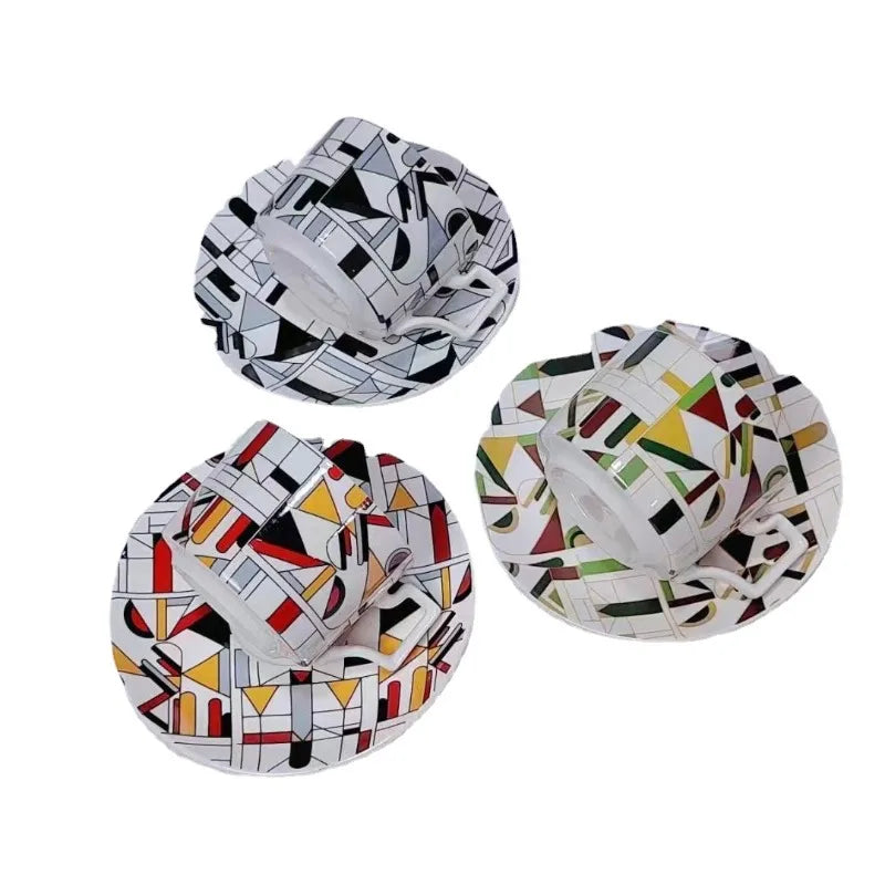 Geometric Ceramic Coffee Cup & Saucer Set | Platinum Scandinavian Coffee Cup Set Nixie