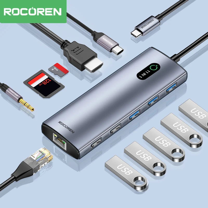 Rocoren 11-in-1 USB-C Hub PD 100W RJ45 SD Docking Station USB-C Docking Station Nixie
