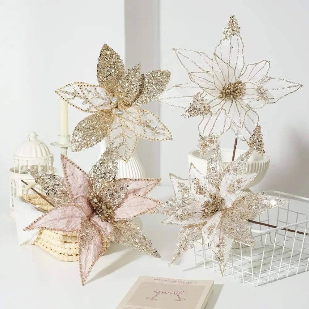 Large Glitter Artificial Poinsettia Christmas Flower Decoration