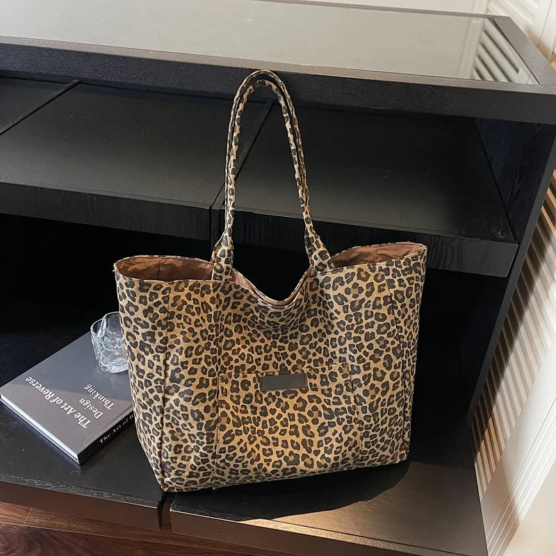Leopard Print Canvas Shoulder Bag – Korean Retro Women's Tote Canvas Shoulder Bag Nixie