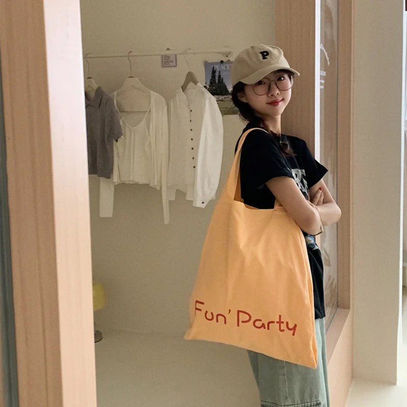 Korean Letter Print Canvas Tote Bag – Large Capacity Cream Canvas Tote Bag Nixie