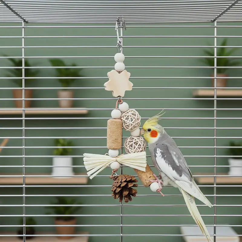 Parrot Chew Toy – Natural Woven Grass & Wood Hanging Cage Toy Bird Chew Toy Nixie