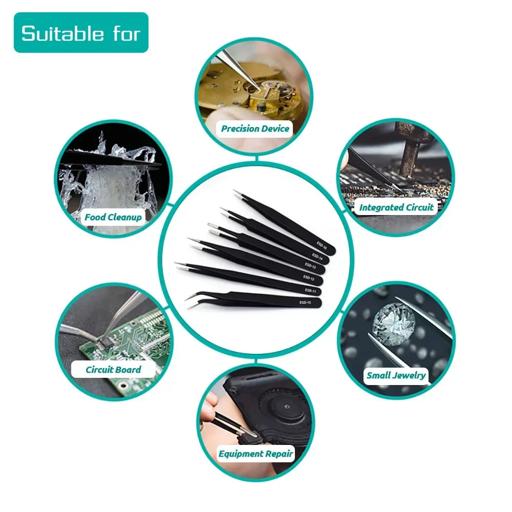 Anti-Static ESD Stainless Steel Tweezers for PCB & Phone Repair