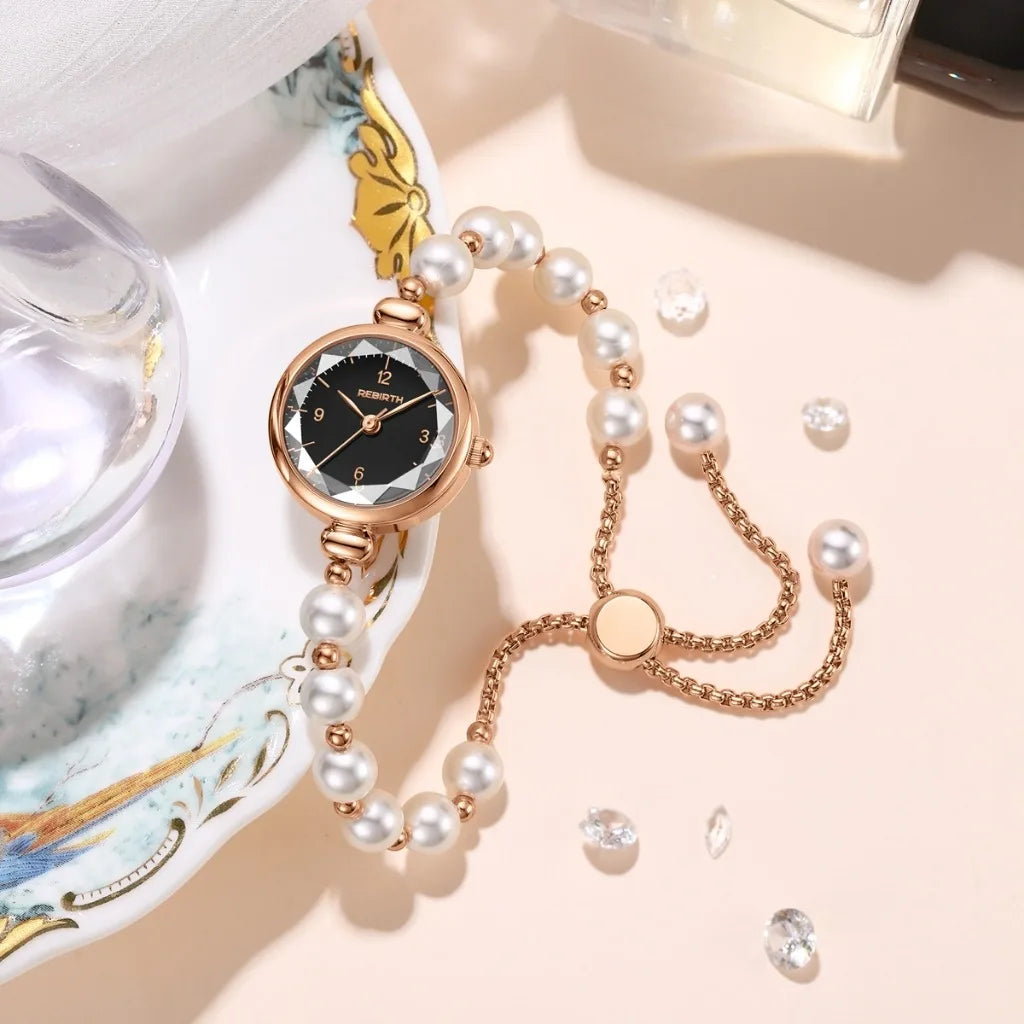 REBIRTH Pearl Bracelet Quartz Watch – Elegant & Compact Pearl Bracelet Watch Nixie black