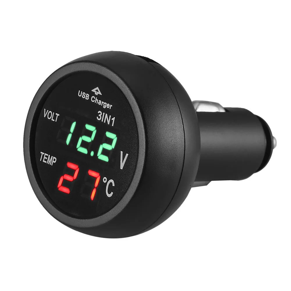 3-in-1 Car Voltmeter Thermometer USB Charger 12/24V LED Car Voltmeter Gauge Nixie green