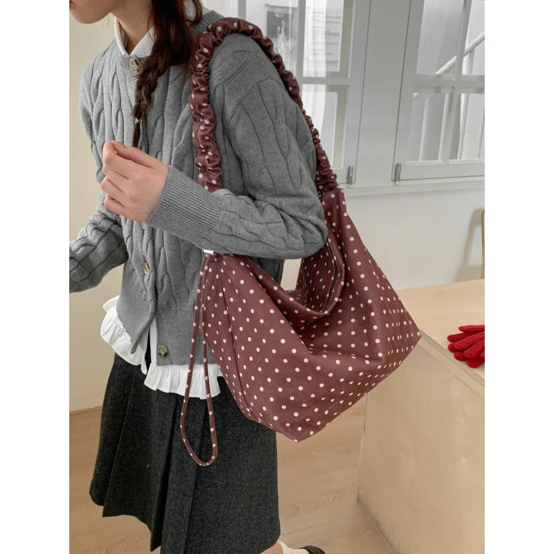 Korean Style Red Polka Dot Canvas Tote Bag | Large Shoulder Bag Canvas Tote Bag Nixie