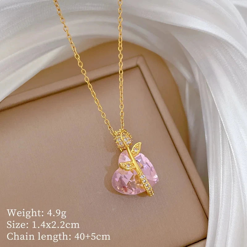 Pink Heart Rose Pendant Necklace – Sparkling Zircon Choker Pendant Necklace Nixie XL2606-819
