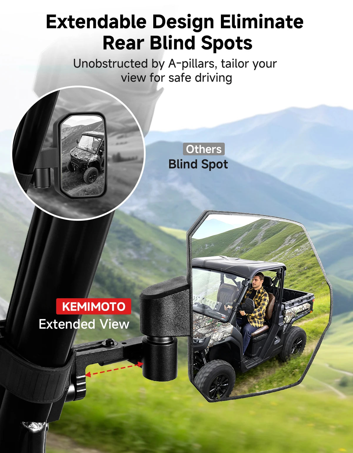 KEMIMOTO UTV Pro-Fit Side Mirrors Extendable Telescopic Arm UTV Side Mirrors Nixie