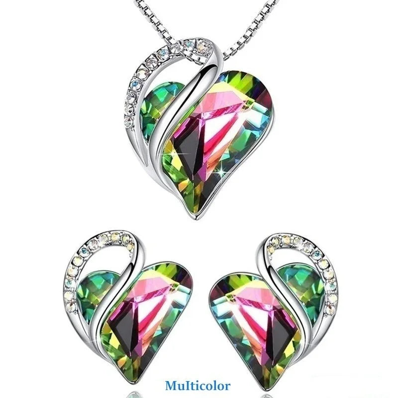 Silver Heart Crystal Earrings & Necklace Jewelry Set for Women Crystal Jewelry Set Nixie
