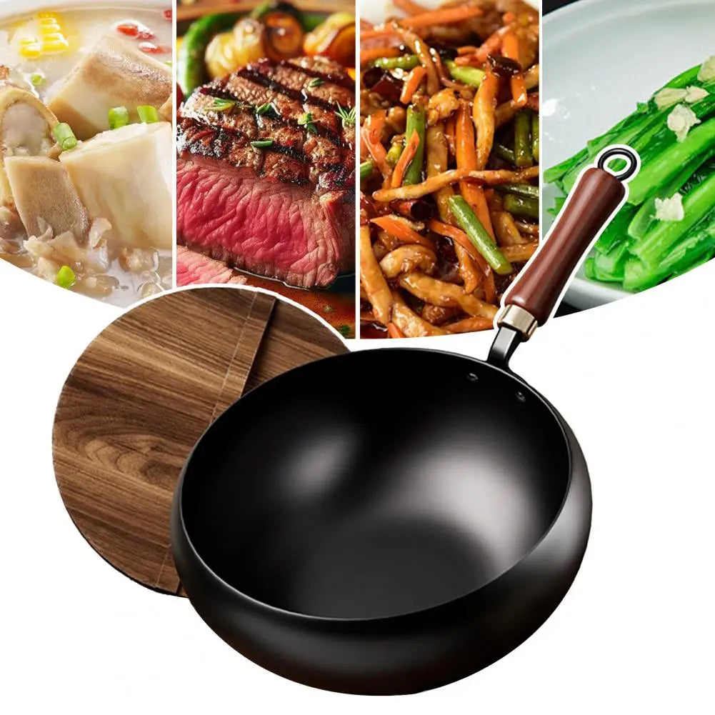 Forged Iron Wok with Wooden Lid – Nonstick, All Stovetops Iron Wok Nixie