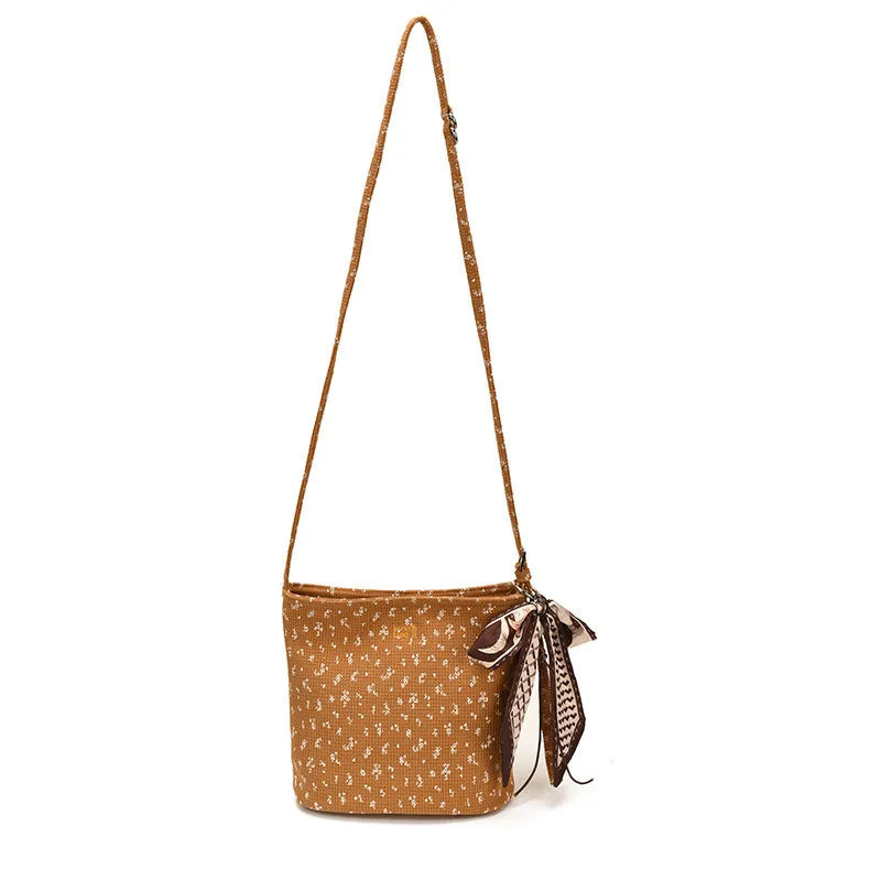 Retro Floral Canvas Bucket Bag – Korean-Style Women's Tote Canvas Bucket Bag Nixie brown