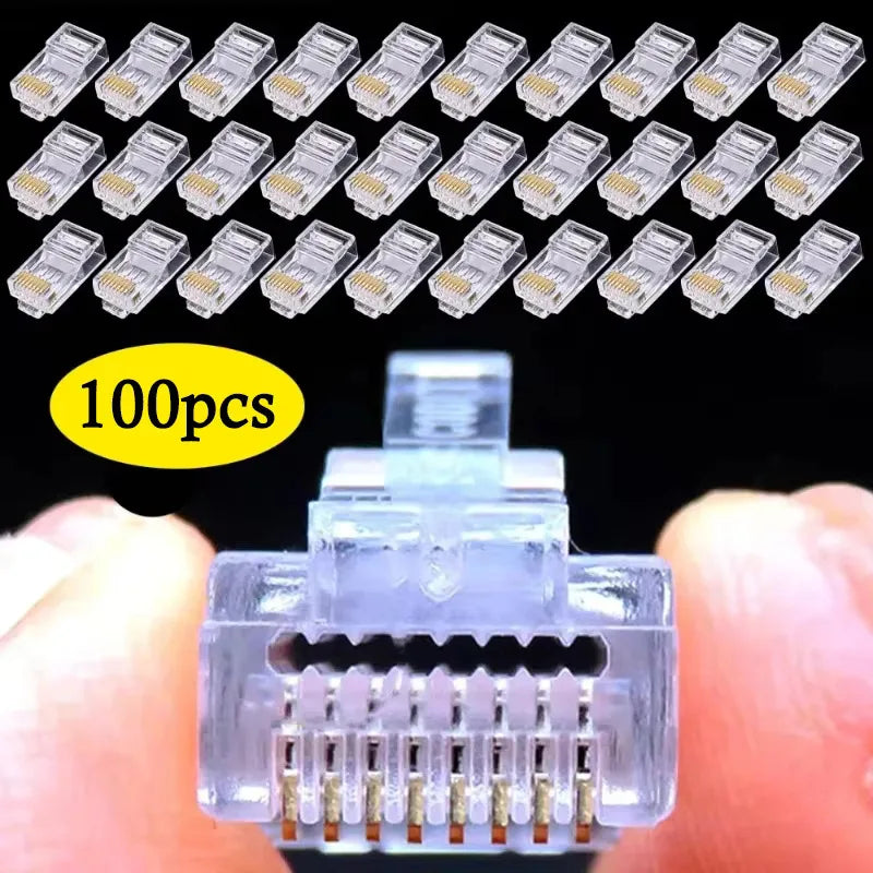 100Pcs RJ45 CAT6 CAT5e Pass-Through Connectors Gold-Plated 8P8C Network Crimp Connectors Nixie