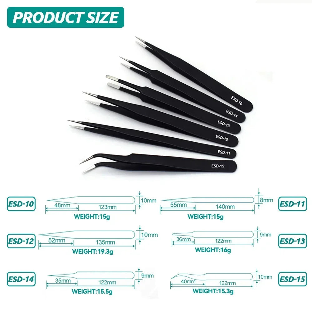 Anti-Static ESD Stainless Steel Tweezers for PCB & Phone Repair