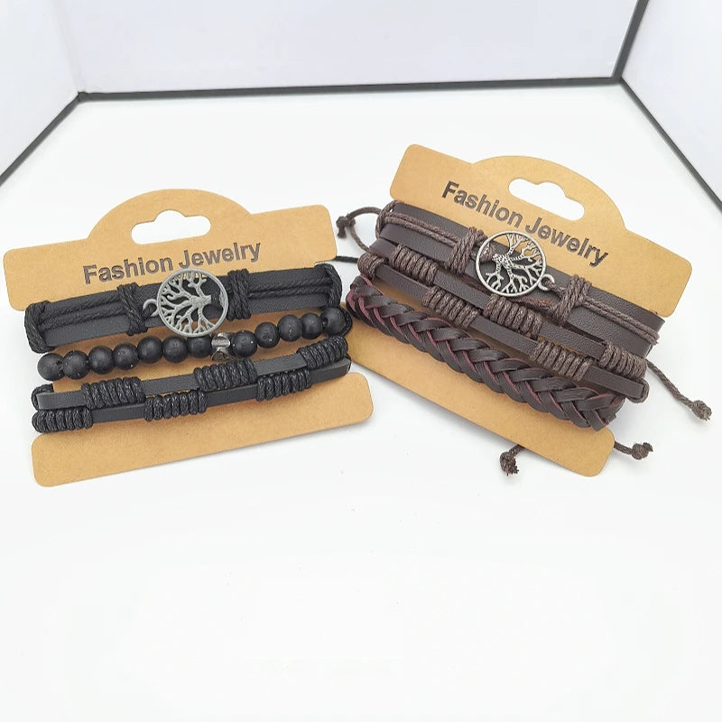 Tree of Life Leather Woven Bracelet with Wood Beads – Unisex