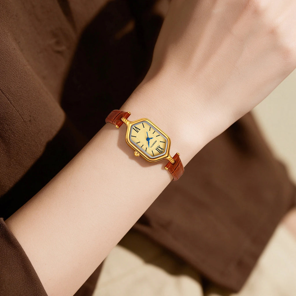 REBIRTH Retro Gold Women's Quartz Watch – Hexagonal Leather Strap Women's Quartz Watch Nixie
