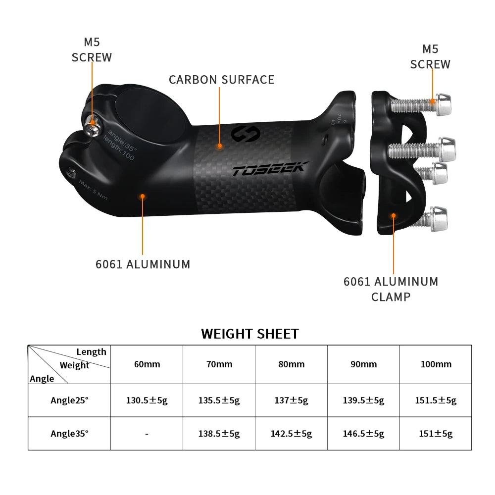 TOSEEK Carbon Alloy MTB Handlebar Stem 31.8mm Ultralight