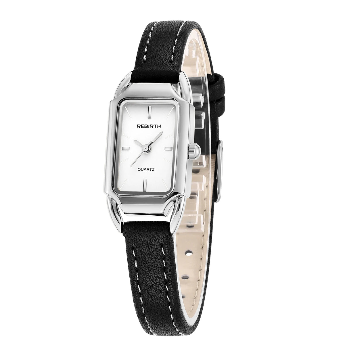 REBIRTH Women's Retro Leather Strap Quartz Watch | Rectangle Dial Women's Quartz Watch Nixie Silver