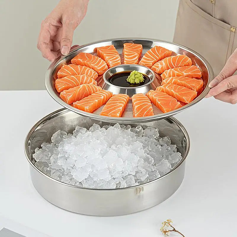 Stainless Steel Sashimi Ice Plate with Dipping Dish Sashimi Ice Serving Tray Nixie