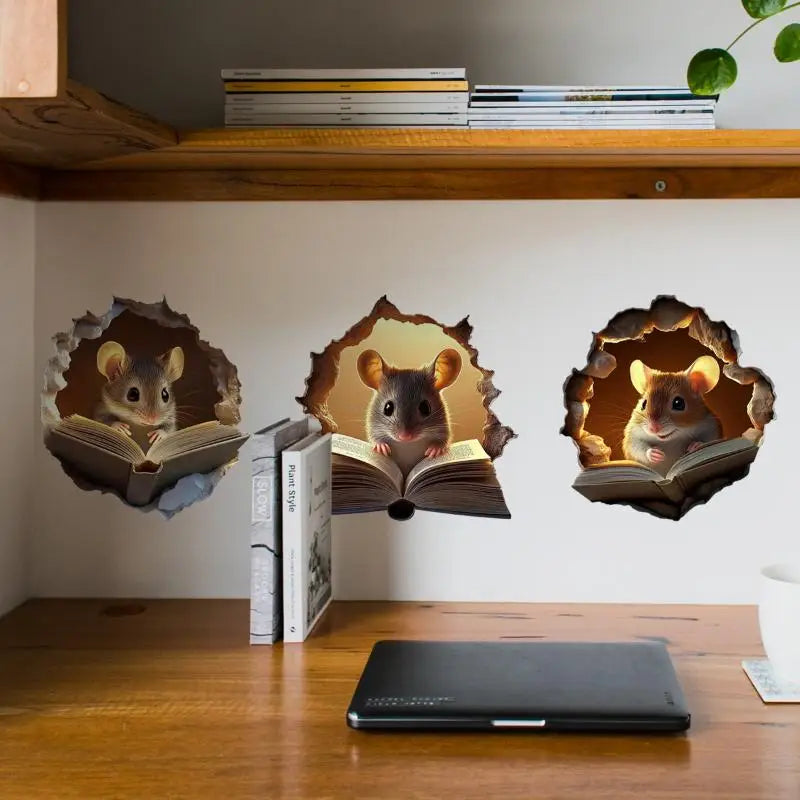 3Pcs Cute Mouse Hole Wall Stickers – Funny 3D Home Decor Wall Decal Sticker Nixie