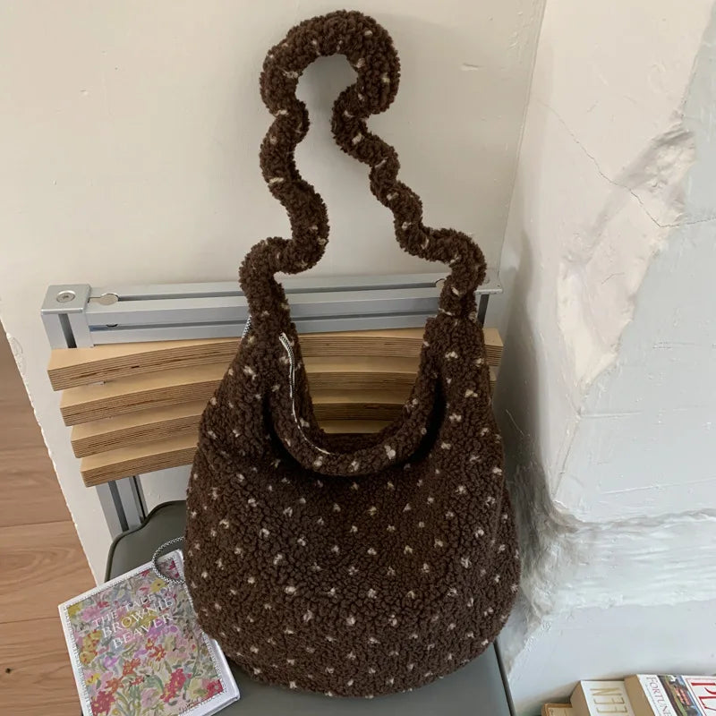 Korean Fair Isle Lamb Wool Tote Bag – Large Capacity | Nixie Shoulder Tote Bag Nixie Brown Polka Dots