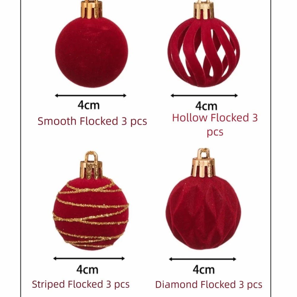 12Pcs Velvet Flocked Christmas Ball Ornaments 4CM Tree Decor Set Christmas Tree Ornaments Nixie
