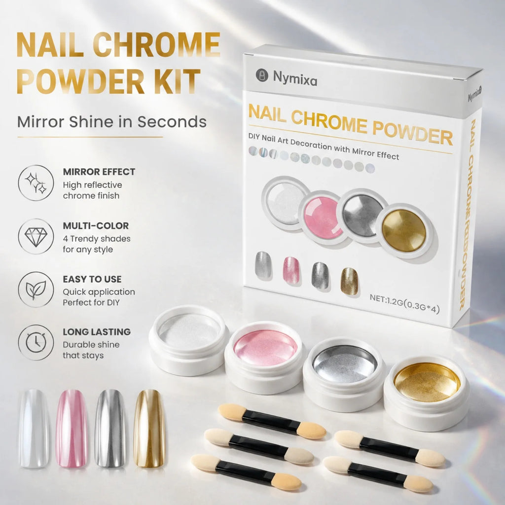 4-Color Mirror Chrome Nail Powder Set with Brushes | DIY Manicure Chrome Nail Powder Set Nixie