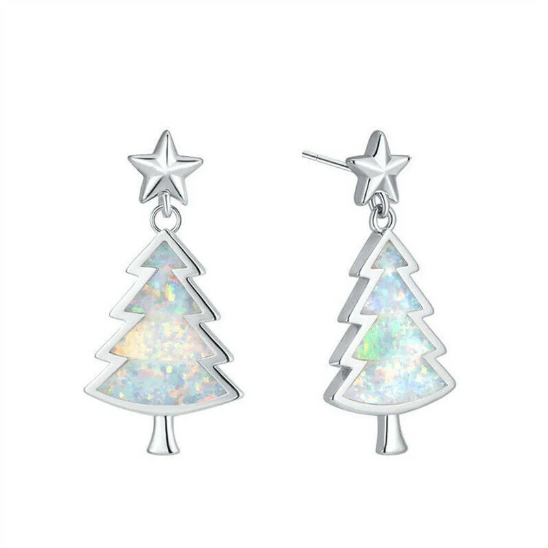 Christmas Tree Opal Stud Earrings – Silver Plated Gift Jewelry Stud Earrings Nixie Light Yellow Gold Color