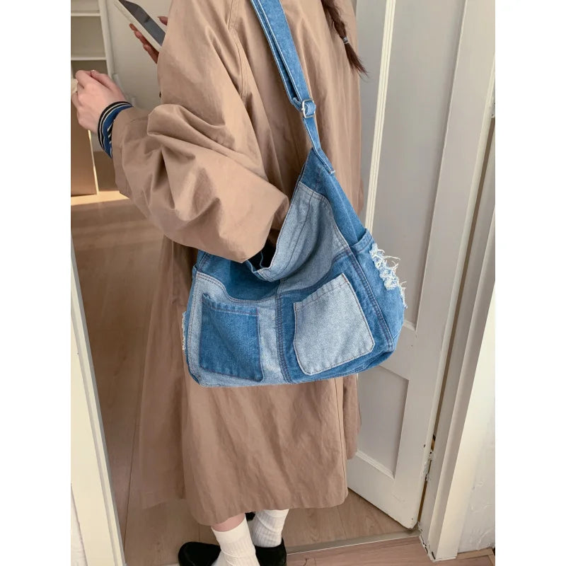 Denim Patchwork Crossbody Bag | Japanese Retro Messenger Bag