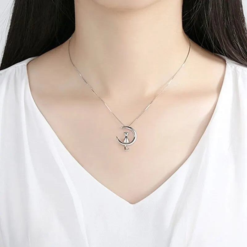 Women's Moon Cat Pendant Necklace | Celestial Gift Jewelry Pendant Necklace Nixie