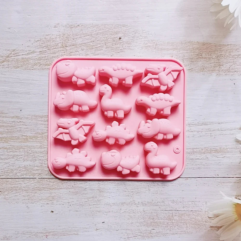 3D Dinosaur Silicone Mold 12-Cavity | Chocolate Cake Baking Tray Silicone Baking Mold Nixie Pink