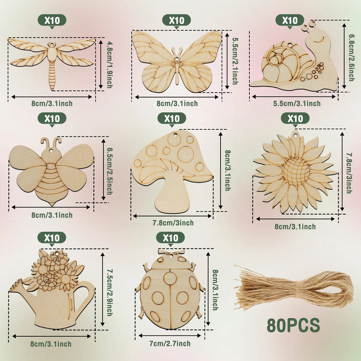 80-Piece DIY Blank Wood Cutout Ornaments Set with String