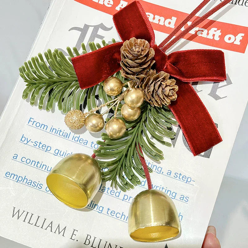 Christmas Jingle Bell Door Hanger – Velvet Bow & Pine Cone Ornament