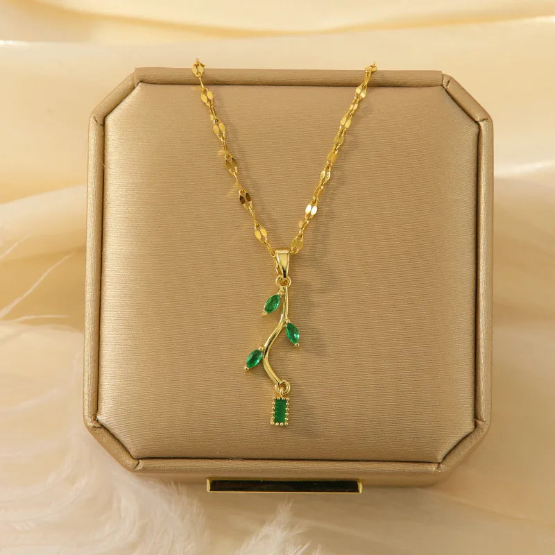 Emerald Branch Pendant Necklace – Gold Green Clavicle Chain Pendant Necklace Nixie